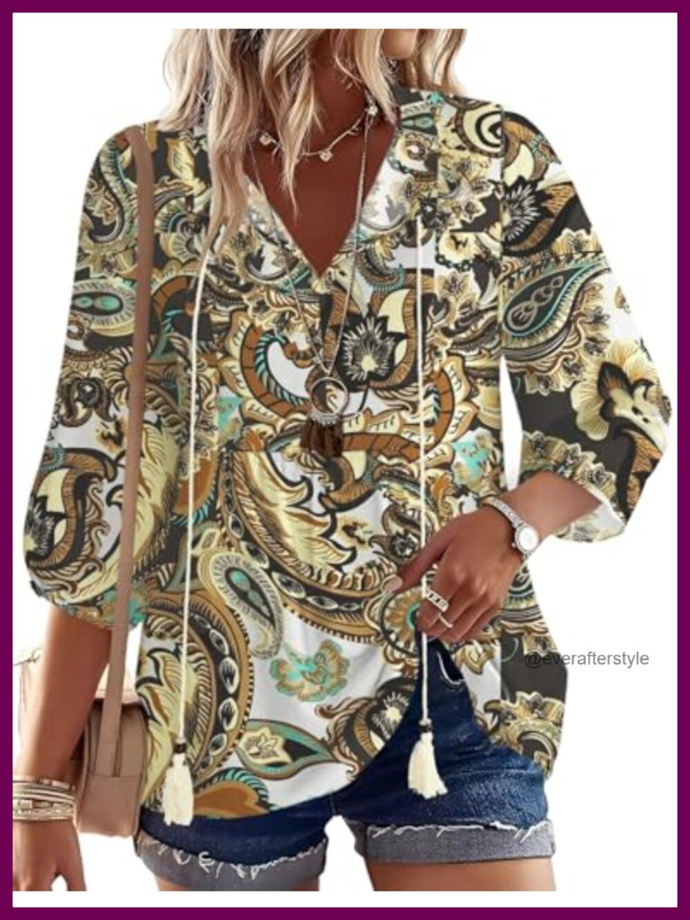 Rapbin Women's Boho Tunic Top 3/4 Sleeve Pleated V-Neck Tie Front